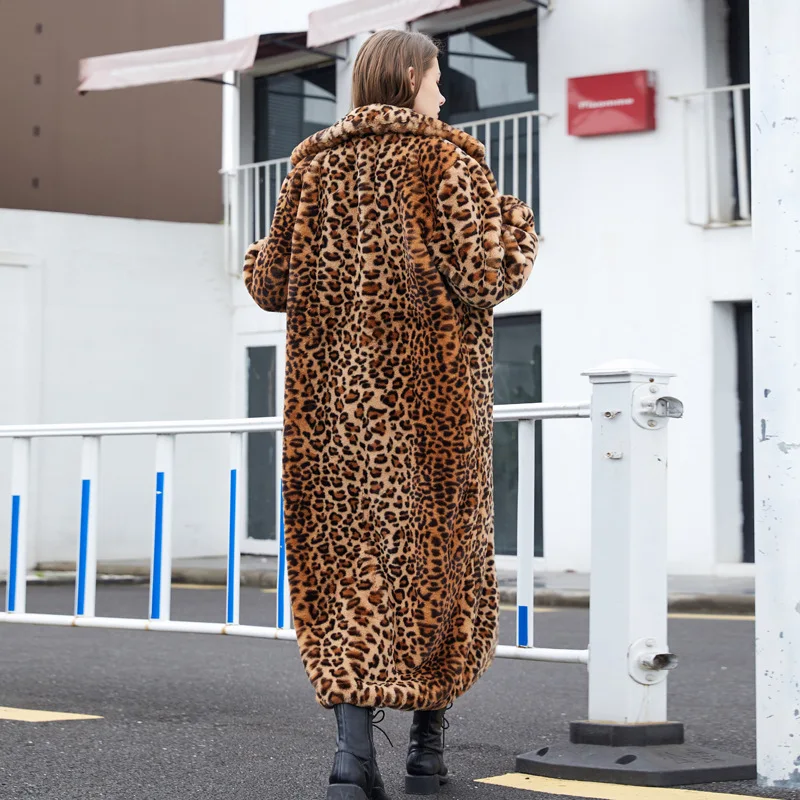 M-5XL Winter Warm Open Stitch Loose Turn-down Neck Plush Cloak Women Faux Fur Leopard Cardigan Ladies Thick Overlength Coat