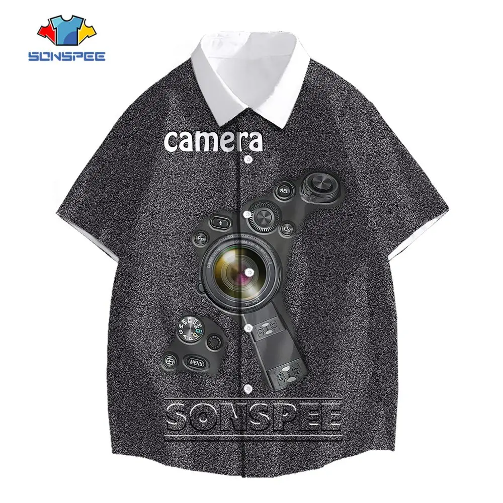 SONSPEE Novelty Camera Graphic 3D Print Lens Harajuku Botton Hawaii Shirt Men Women's Oversize Shirt Short Sleeve Streetwear