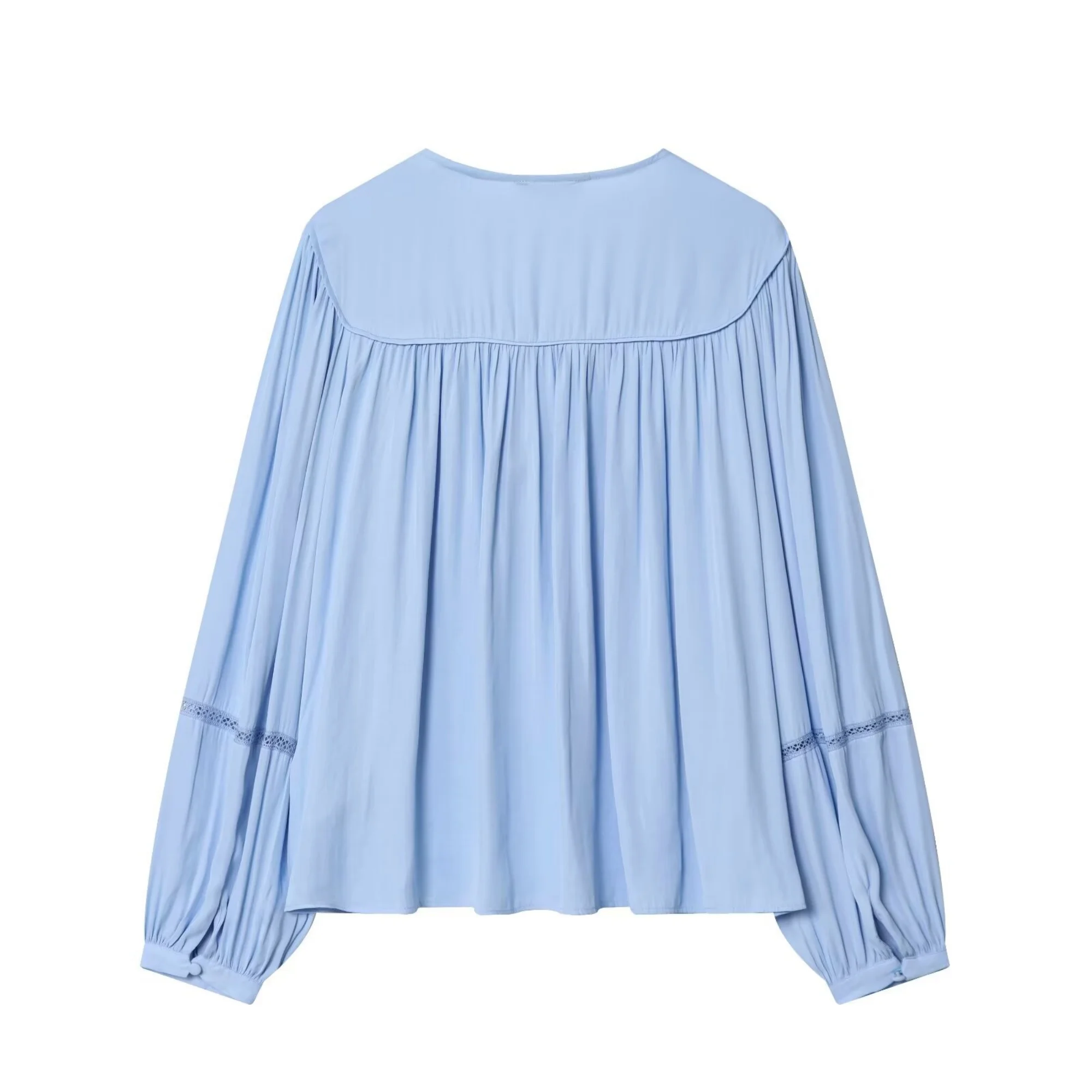 Women'S Blue Blouse Autumn New Vertical Pleated Strap Design Long Sleeve  Pullover French Elegance Loose Edition Drape Blouse