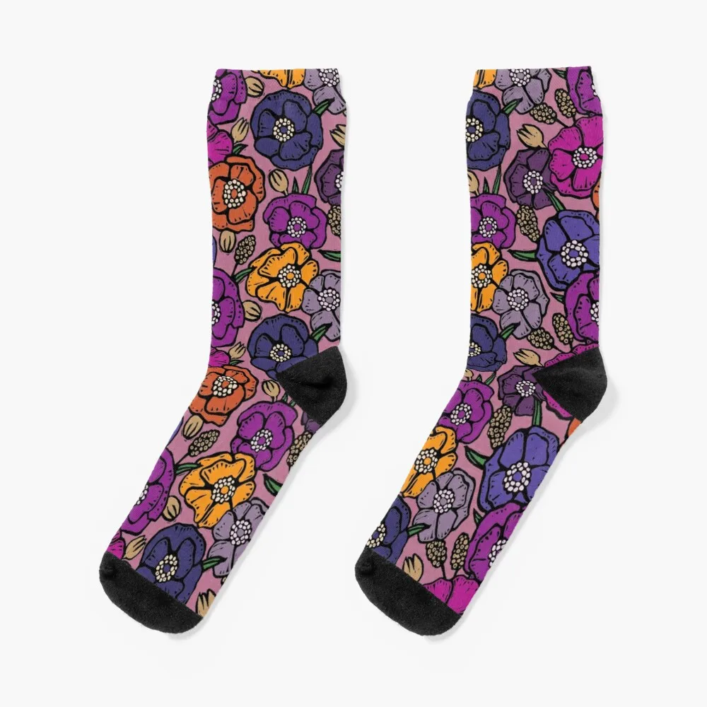 Purple Seventies inspired vintage flowers Socks Luxury Socks