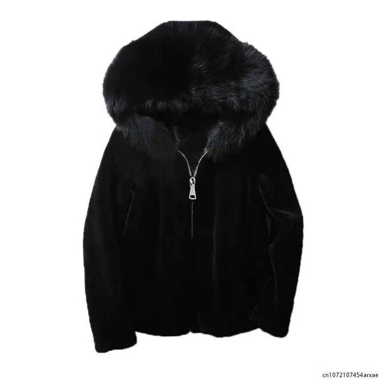 

2023 New Women's Winter Sheep Sharing Overcoat Ladies High Waist Slim Faux Fur Jacket Female Fake Fox Fur Hooded Short Coat