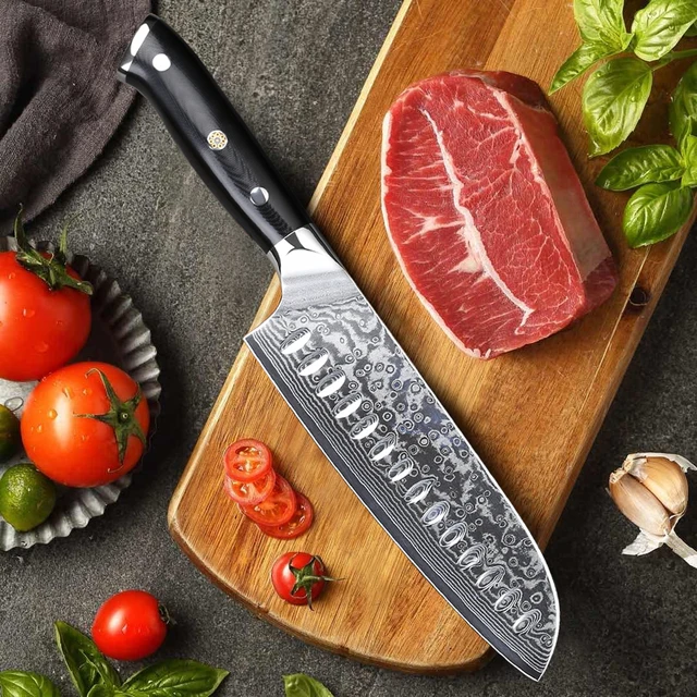 TURWHO 7 "Coltello Santoku in stile giapponese Acciaio di Damasco Coltello da cuoco professionale Affettare Mannaia Manzo Utensili da cucina da cucina 3