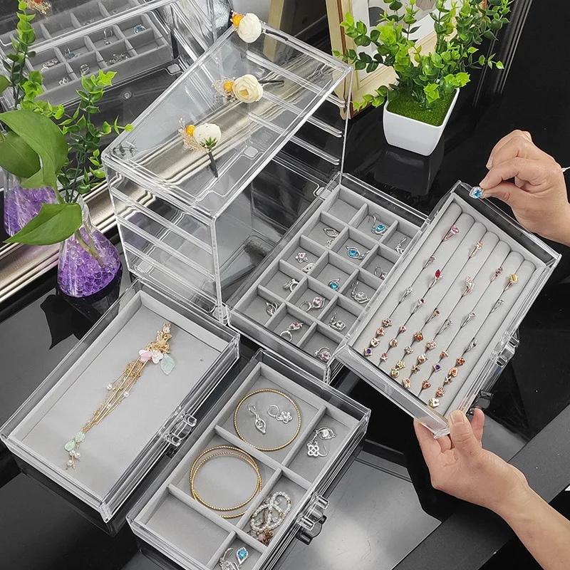 Transparent Jewelry Box Acrylic Women' Earrings  Necklace Brace Bracelet Tray Jewelry Boxes Display Stand Rings Case Organizer