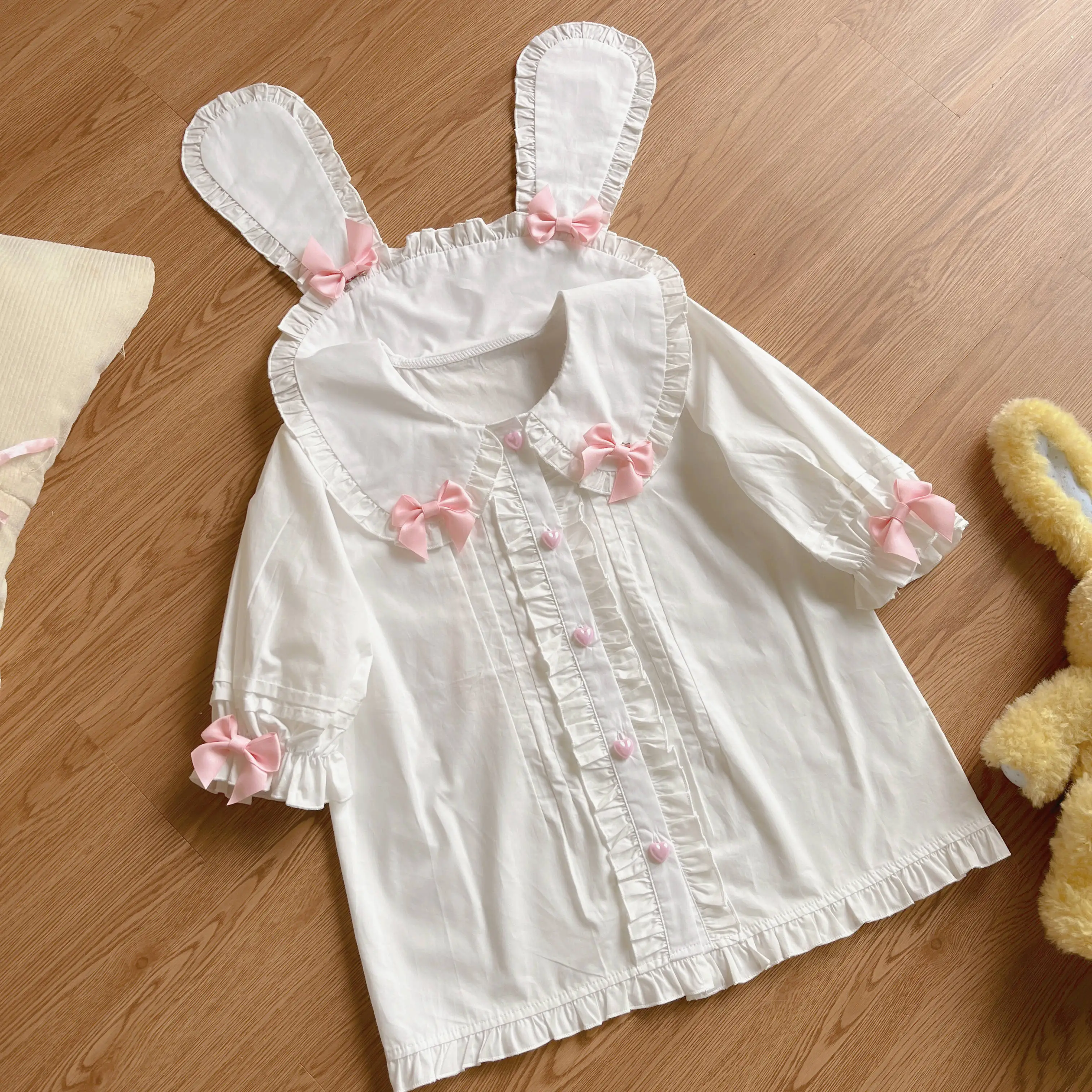 Japanese Soft Girl Sweet Cute Lolita Shirt with Bunny Bow Short Sleeved Student Top Shirt 3 Colors