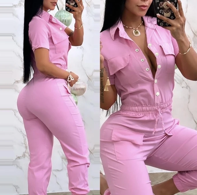 

Women's Urban Style Jumpsuit 2024 Spring/summer Latest Commuter Solid Short Sleeve Pocket Design Cuffed Cargo Romper Bodysuit