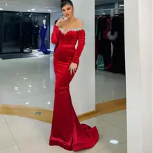 

Red Elegant Prom Dress Velet Beading Sequined Strapless Long Sleeve Tight Mermaid Party Formal Evening Dresses For Women
