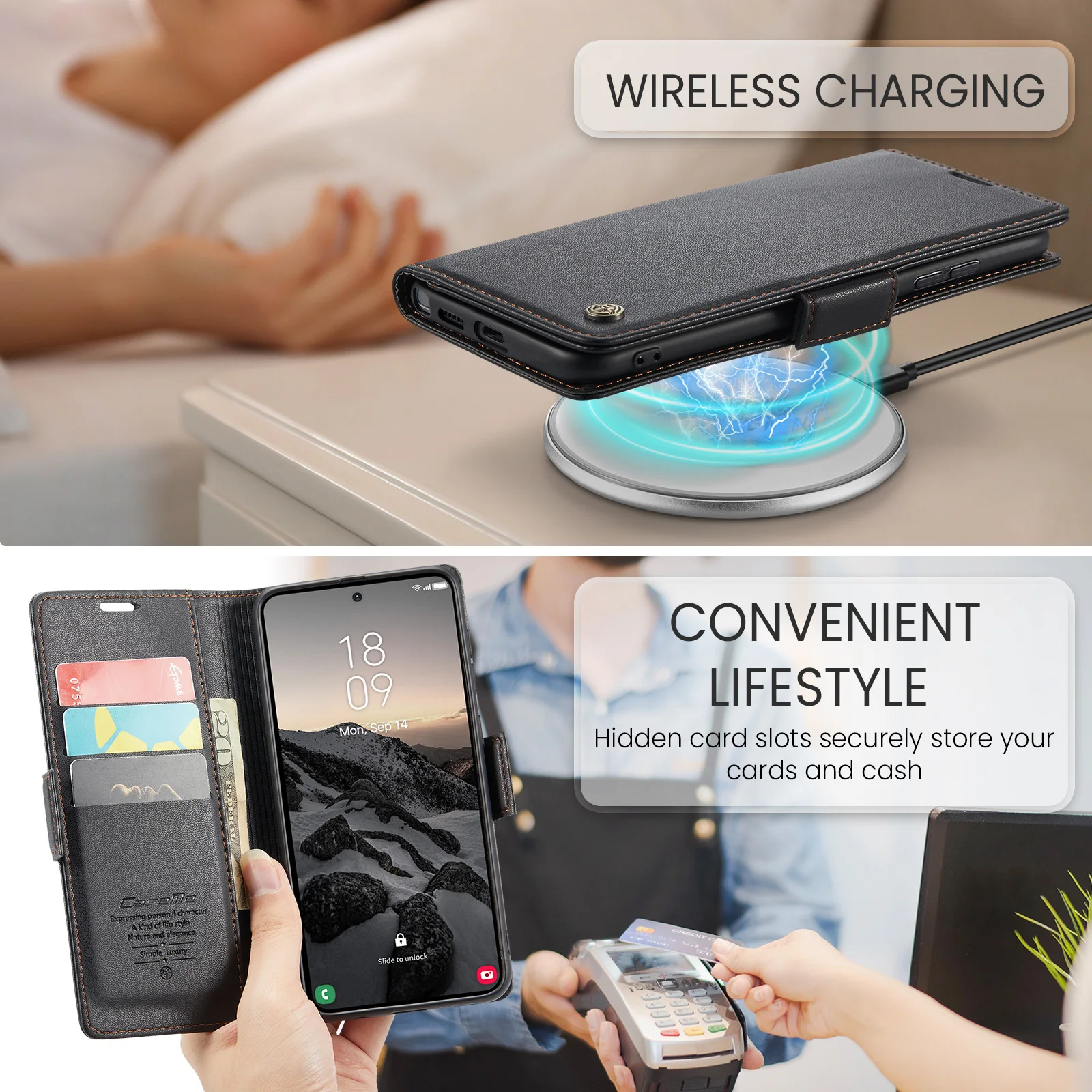 Premium Faux Leather RFID Protective Flip Case with Magnetic Card Holder & Stand Function