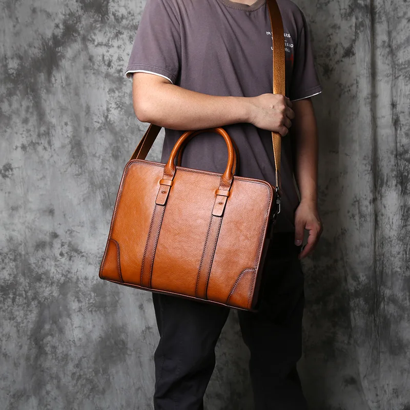 NZPJ Genuine Leather Men Briefcase Natural Cowhide Handbag Vintage Casual Computer Bag Fashion Crossbody Bag For 15 Inch Laptops