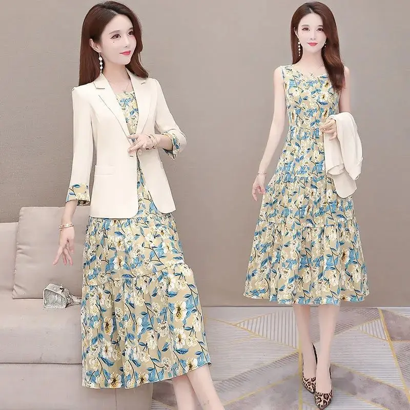 Women's Autumn Casual Blazers Sling Floral Dress Two Piece 2022 New Fashion Suit Jacket Midi Skirt Set Korean Elegant Chic Set