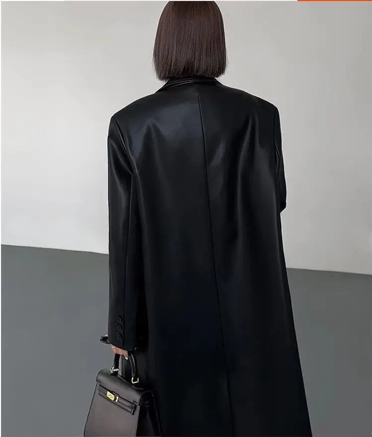 Women Leather Long Jacket Trench Oversized Faux Leather Blazer Button Down Lapel Coat with Pockets Down Shirts/Coats Work Office