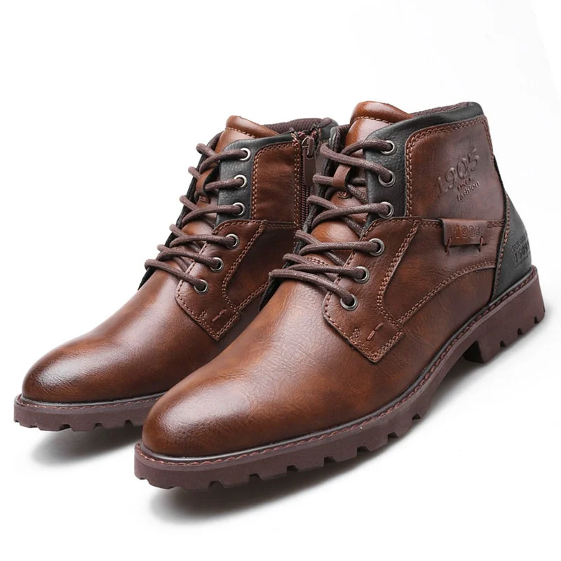 Leather Men Ankle Boots Plus Size High Top Shoes Outdoor Work Casual Shoes Motorcycle Lace-up Combat Boots Fashion Autumn Brown images - 6