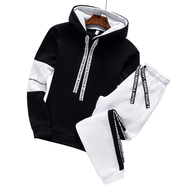 Negro Y Blanco - Chándal de Moda 2 Piezas con Capucha para Hombre