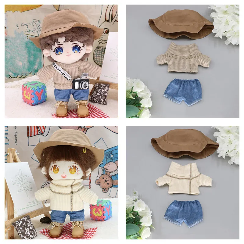 

Cosplay 20cm Doll Clothes Fisherman Hat Cute Beige Sweater Denim Shorts for 20cm Stuffed Dolls