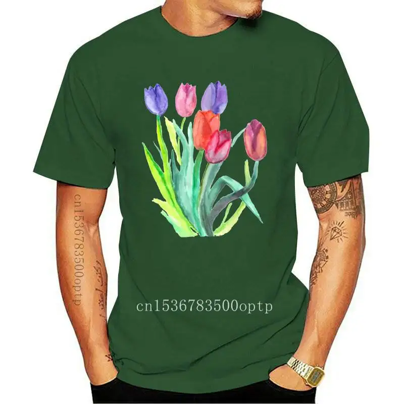 FASHION New Pretty Watercolor Tulips Print T-Shirt Summer Women Colorful Flower Design Art Girl Casual Tops Woman White |