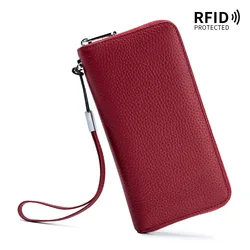 Luxury Genuine Leather RFID Wallet for Women - Elegant Long Zipper Handbag and Cardholder Purse (WINE)