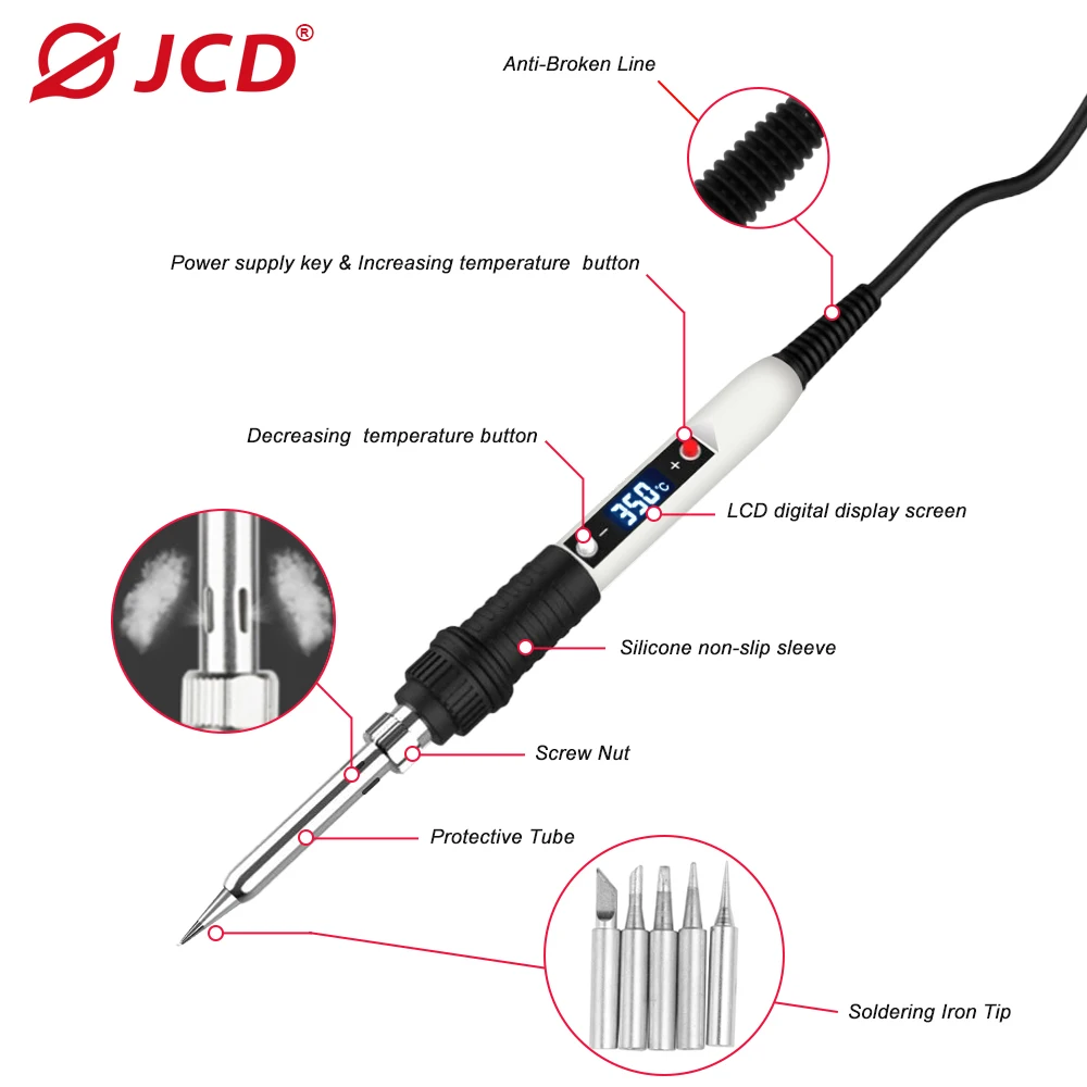 JCD 80W Digital Electric Soldering Iron Kit Adjustable Temperature 110V 220V Welding Tool Ceramic Heater Soldering Tips Rework 4