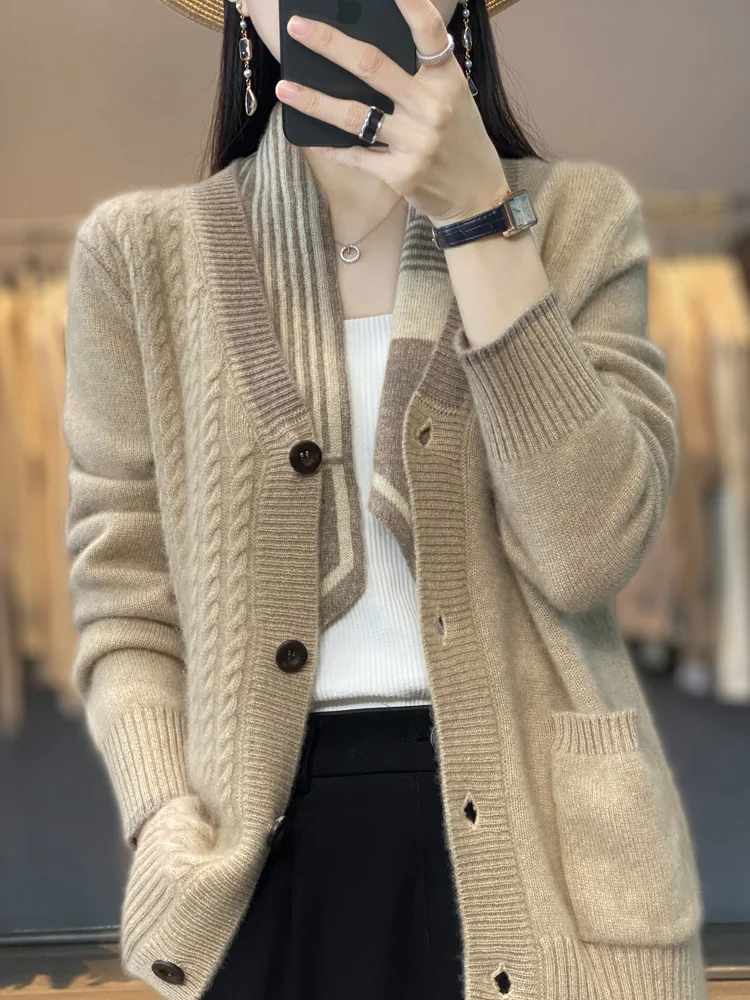 

Aliselect Spring Female 100% Merino Wool Sweater Women Knitted Classical Twisted Cardigan Knitwear Loose Clothing Tops