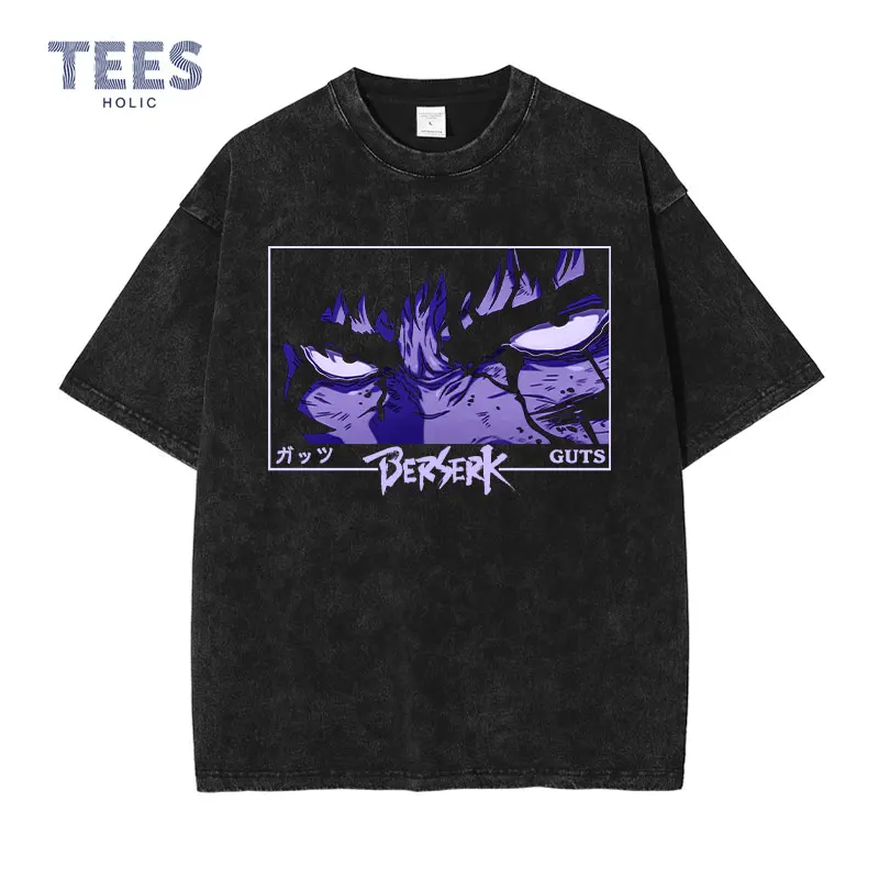 

Anime Berserk T-shirts Streetwear Vintage Washed Guts T Shirt Harajuku Short Sleeve Manga Kenpuu Denki Tops Tees Men 100% Cotton