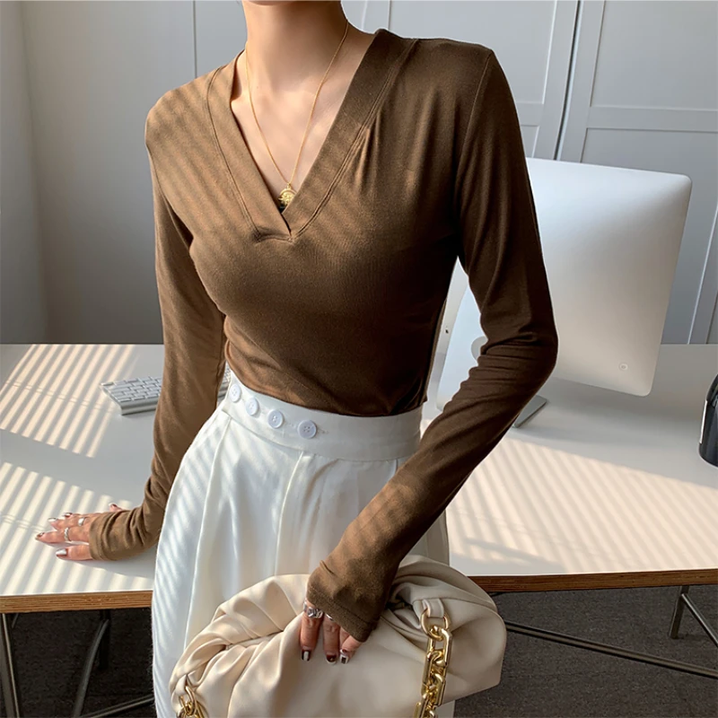 

Модные женские футболки с V-образным вырезом, новинка 2022, осенне-зимняя облегающая футболка с длинным рукавом, Женские базовые эластичные хлопковые футболки, женские топы