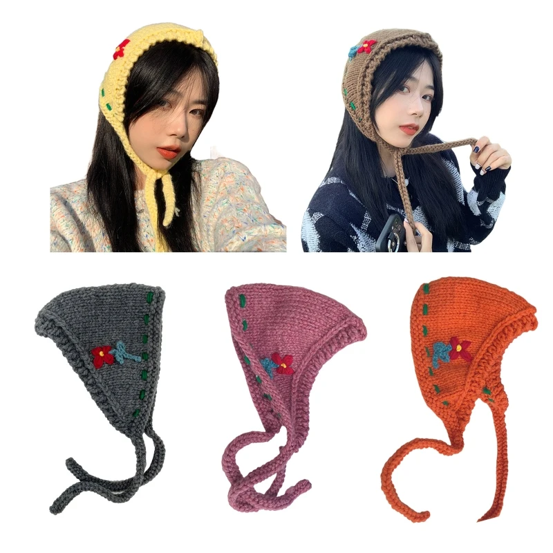 

Flower Pattern Hair Kerchief Winter Windproof Crochet Bandana Tie Back Head Wrap