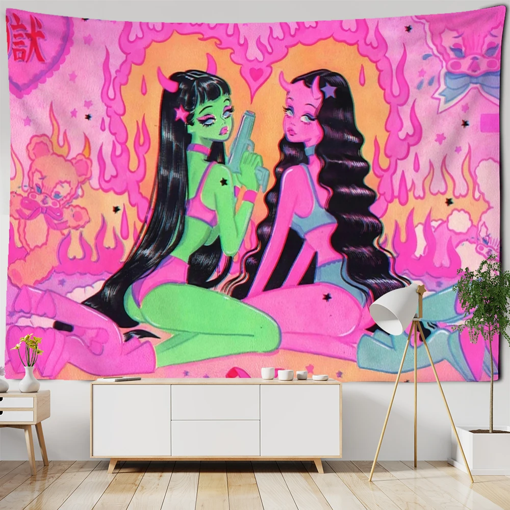 

Kawaii Women Wall Hanging Tapestry Anime Cute Girl Illustration Tapestry Aesthetic Art Tapiz Hippie Room Dorm Wall Hanging Decor