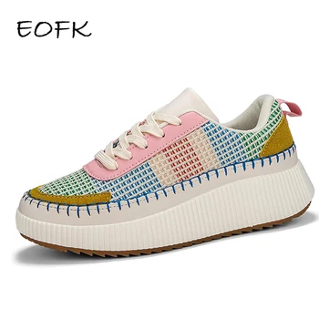 Women's Handmade Multicolour Platform Lace Up Walking Shoes Casual Round Toe Low Top Sneakers Fashion Comfortable Party Shoes 1