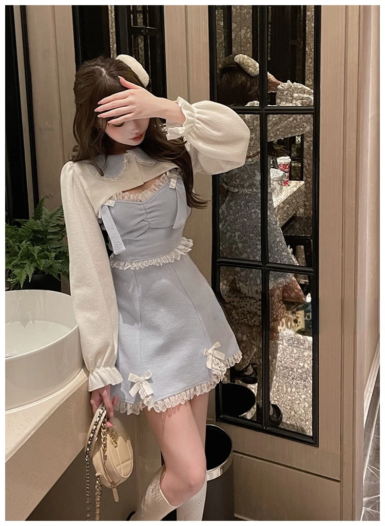 Lace Japanese Sweet Lolita Dress Women Bow Pink Kawaii Party Mini Dresses Female Blue Princess Korean Fashion Dresse Winter 2022 maternity dresses