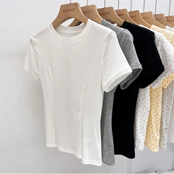 2025 الصلبة الأساسية قصيرة الأكمام المرأة التي شيرت عادية أسود أبيض قمة الموضة تي شيرت السيدات موضة الكورية تي شيرت الشارع الشهير 4