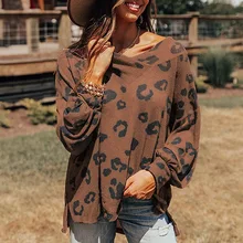 

2022 Leopard Print Outer Wear Bottoming Shirt Women Autumn and Winter New Style V-neck Loose Casual Long-sleeved Sweater Women