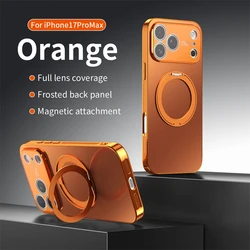 Magnetic Rotating Ring Stand Shockproof Phone Case with Matte Plating - iPhone 15 (Orange)