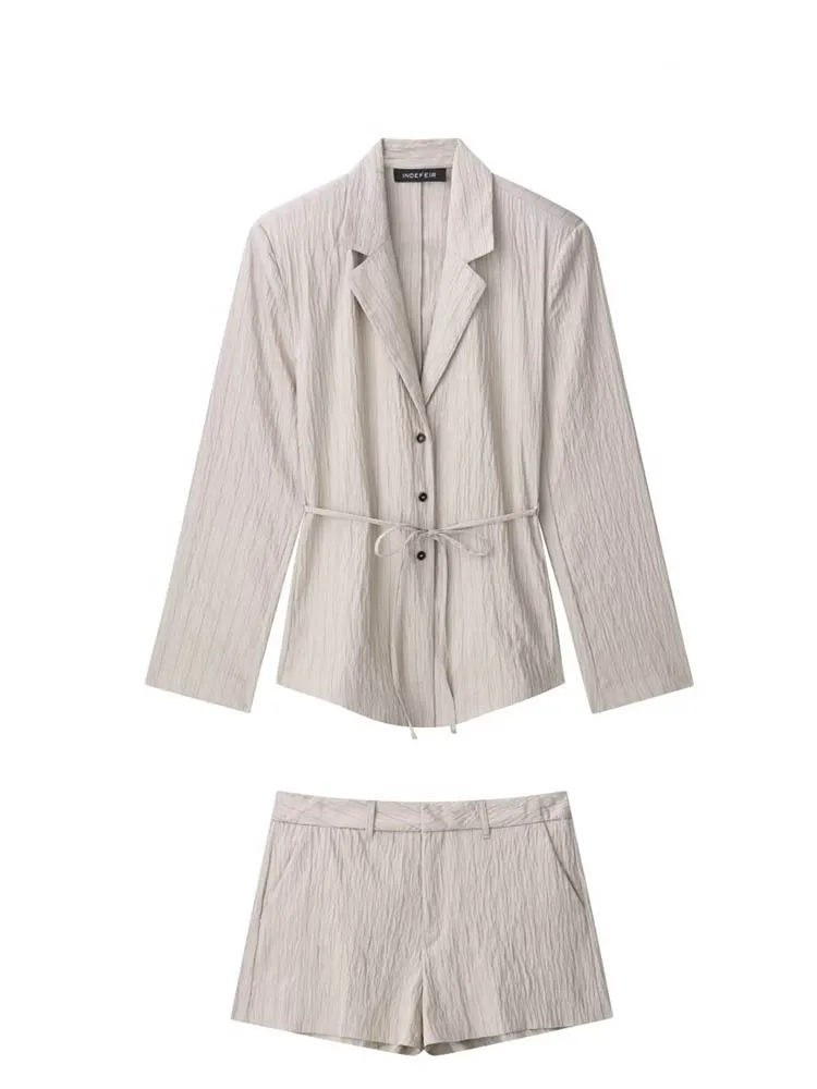 HH Women Chic Stripe Single-Breasted Lapel Long Sleeves Belt