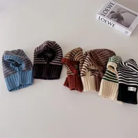 Winter Korean Fashion Children Baby Knit Hooded Scarf Caps Warm Stripe One Piece Hat Kids Accessories 2