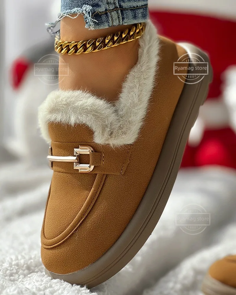 Snow Boots Women's Fuzzy Detail Winter Lined Shoes Woman Flats Round Toe Sneakers Slip-on Loafers Fur Winter Retro Slip on New