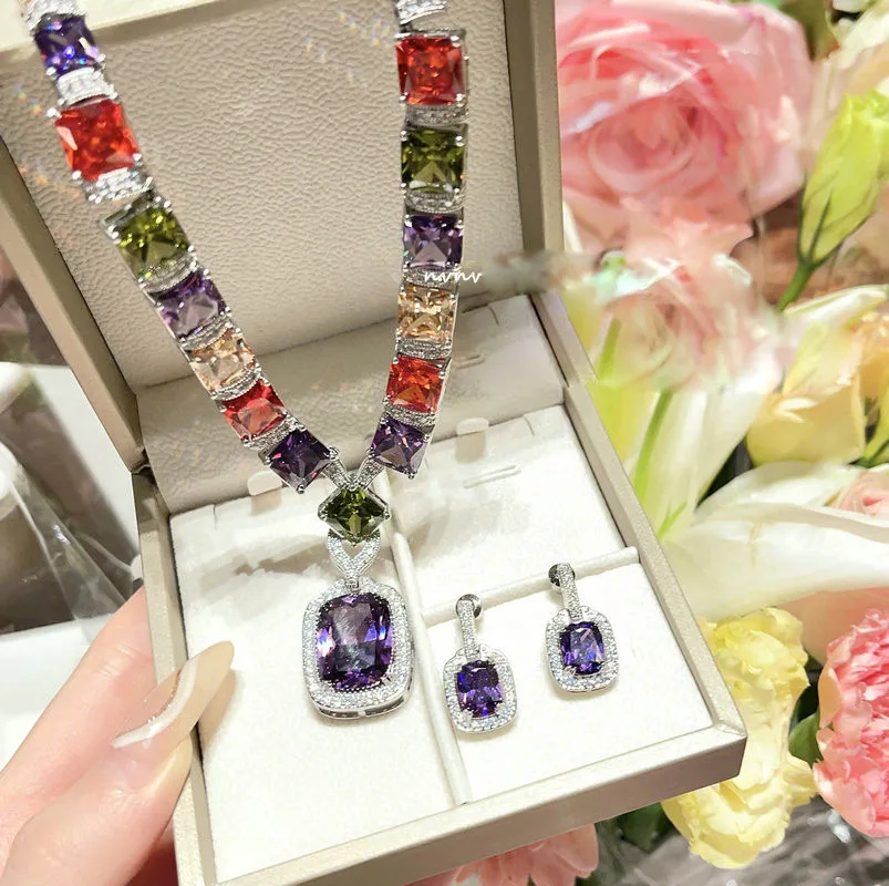 

2023 Women Uruguay amethyst Rainbow Gem Necklace 18K Gold Plated Iris Purple Geometric Zircon