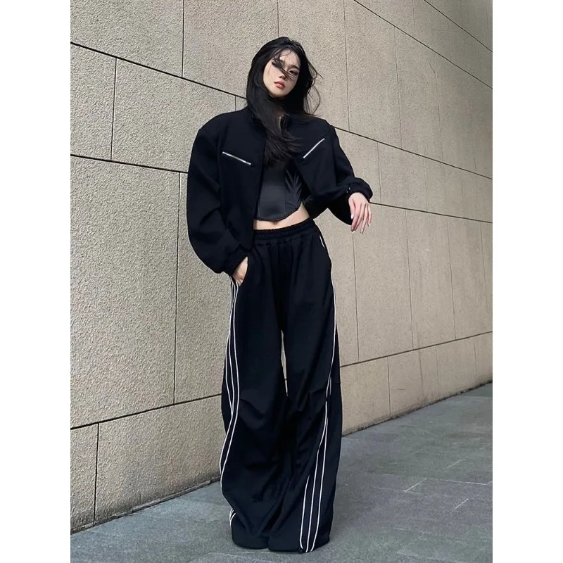 

Deeptown Y2k Oversize Vintage Parachute Pants Women Winter Wide Side Striped Black Harajuku Streetwear Sweatpants Korean Fashion