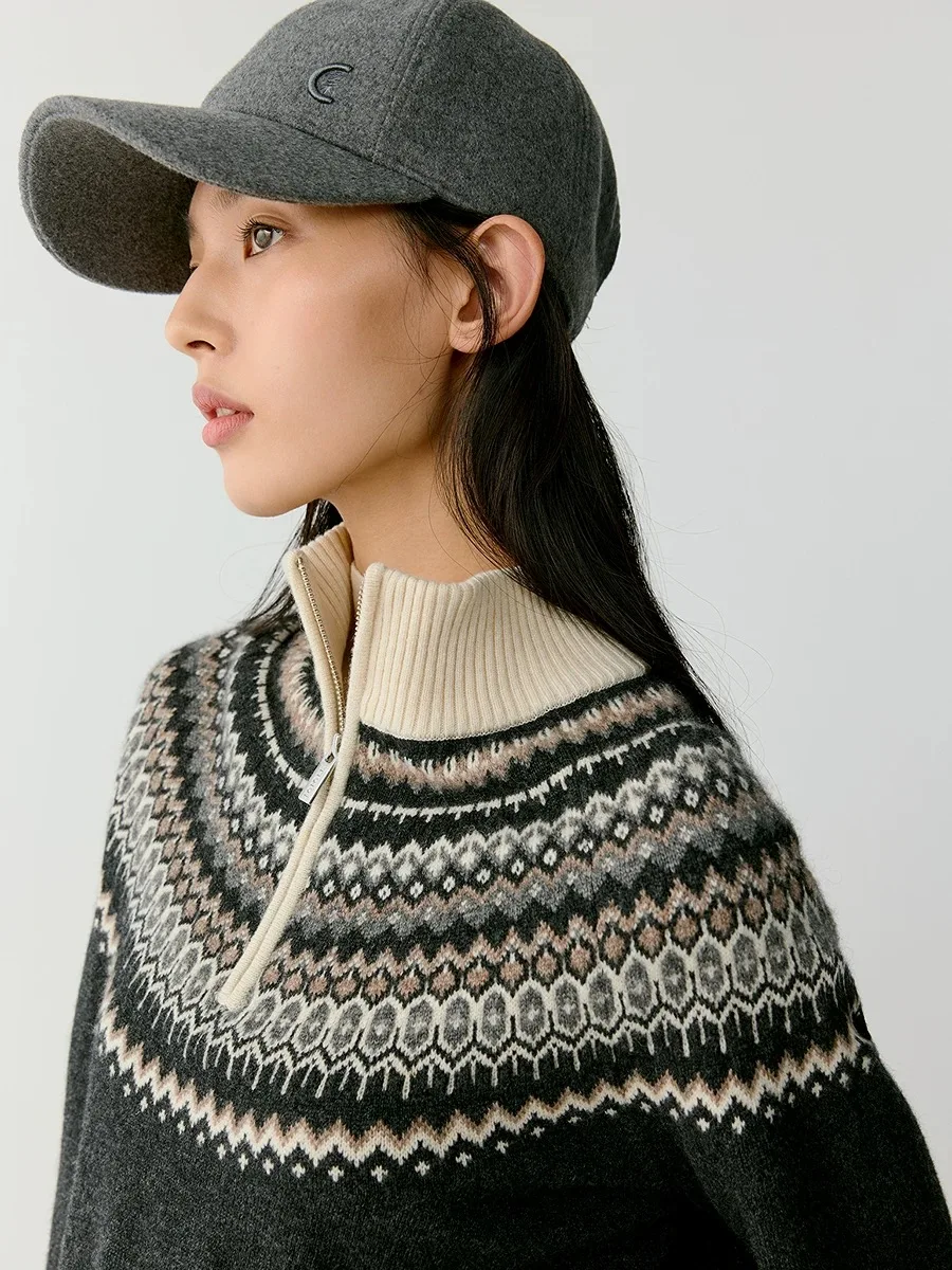 Women Fine Wool Sweater Half-high Collar Color Blocked Pullover Female Cashmere Half Zipper Knitwear Autumn Winter Casual Tops 4