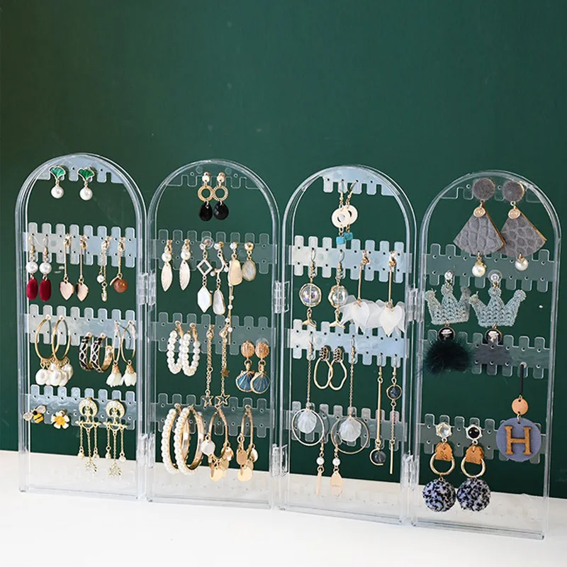 2/4 Folding Clear Earrings Studs Jewelry Display Rack Fans Panels Necklace Jewelry Shelf Stand Holder Organizer Storage Box