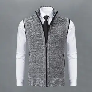 Men Autumn Winter Vest Coat Stand Collar Knitted Cardigan Zip Up Neck Protection Sleeveless Slim Fit Warm Casual Soft Mid Length