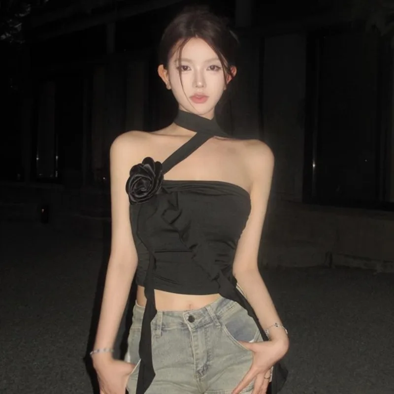 

Women's Summer Fashion Sexy Hanging Neck Printed Ruffle Edge Short Top Ruffles Solid Color 3D Flower Elegant Sweet Tank Top