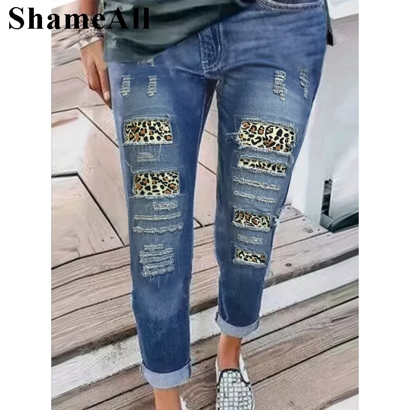 plus-size-casual-jeans-women's-plus-washed-ripped-leopard-print-button-fly-roll-up-hem-slight-stretch-jeans