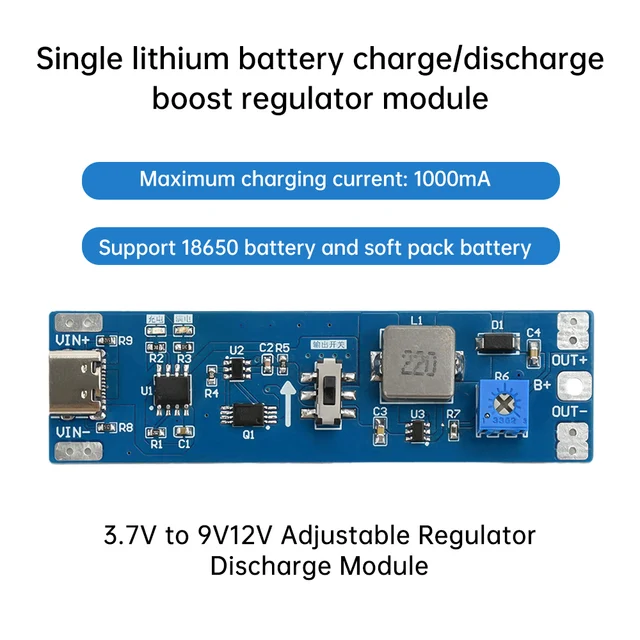 3.7V to 9V 12V Type-C Lithium Battery Charging And Discharging Boost Module Adjustable Integrated Circuit for Electronics