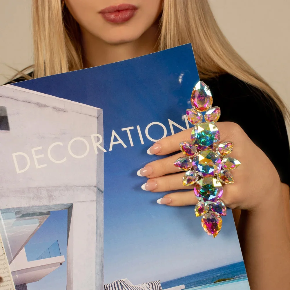 Stone Fans Giant Ab Black Crystal Ring Esagerano I Gioielli Per Le Donne 2024 Fashion Regolabile Large Ring Accessori Regali