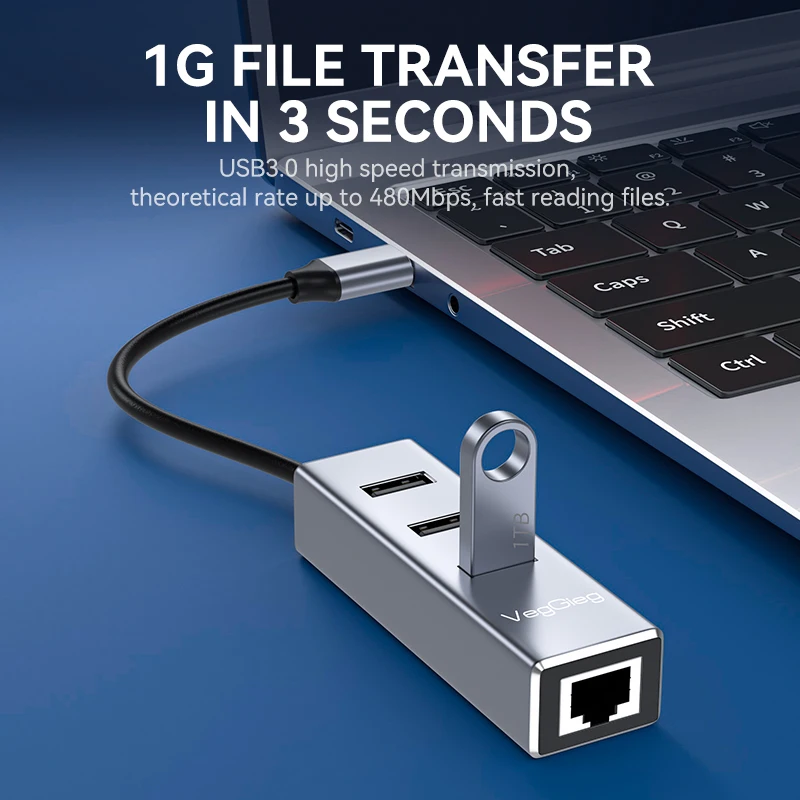 VegGieg 이더넷 어댑터 USB Type-C - 100Mbps, 노트북 PC용 3포트 USB 2.0 허브 포함 - 네트워크 카드 어댑터