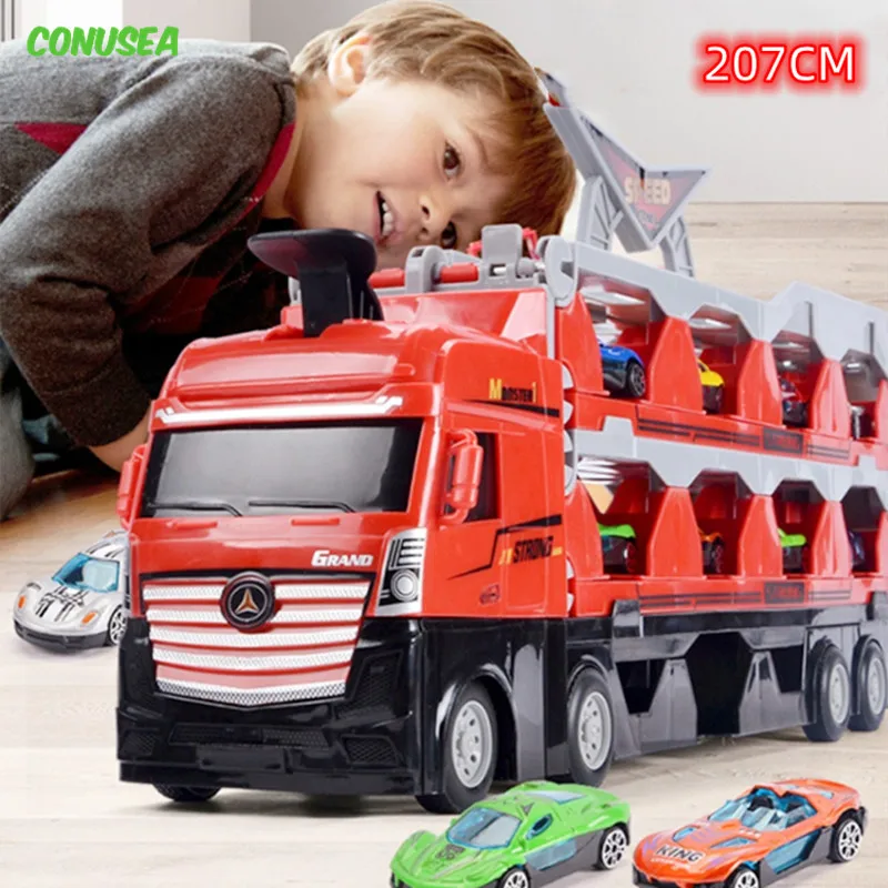 24/16/8PCS Alloy car 207CM Large transport truck Toys Transporter Racing Catapult Car Model Kids Children Toy Car Ejection Game