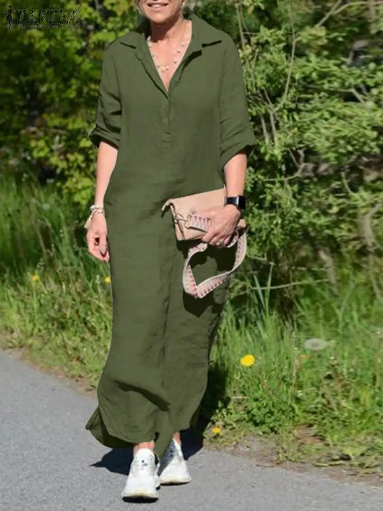 

2023 ZANZEA Stylish Cotton Dress Solid Office OL Sundress Woman Lapel Neck Short Sleeve Shirtdress Female Elegant Loose Dresses