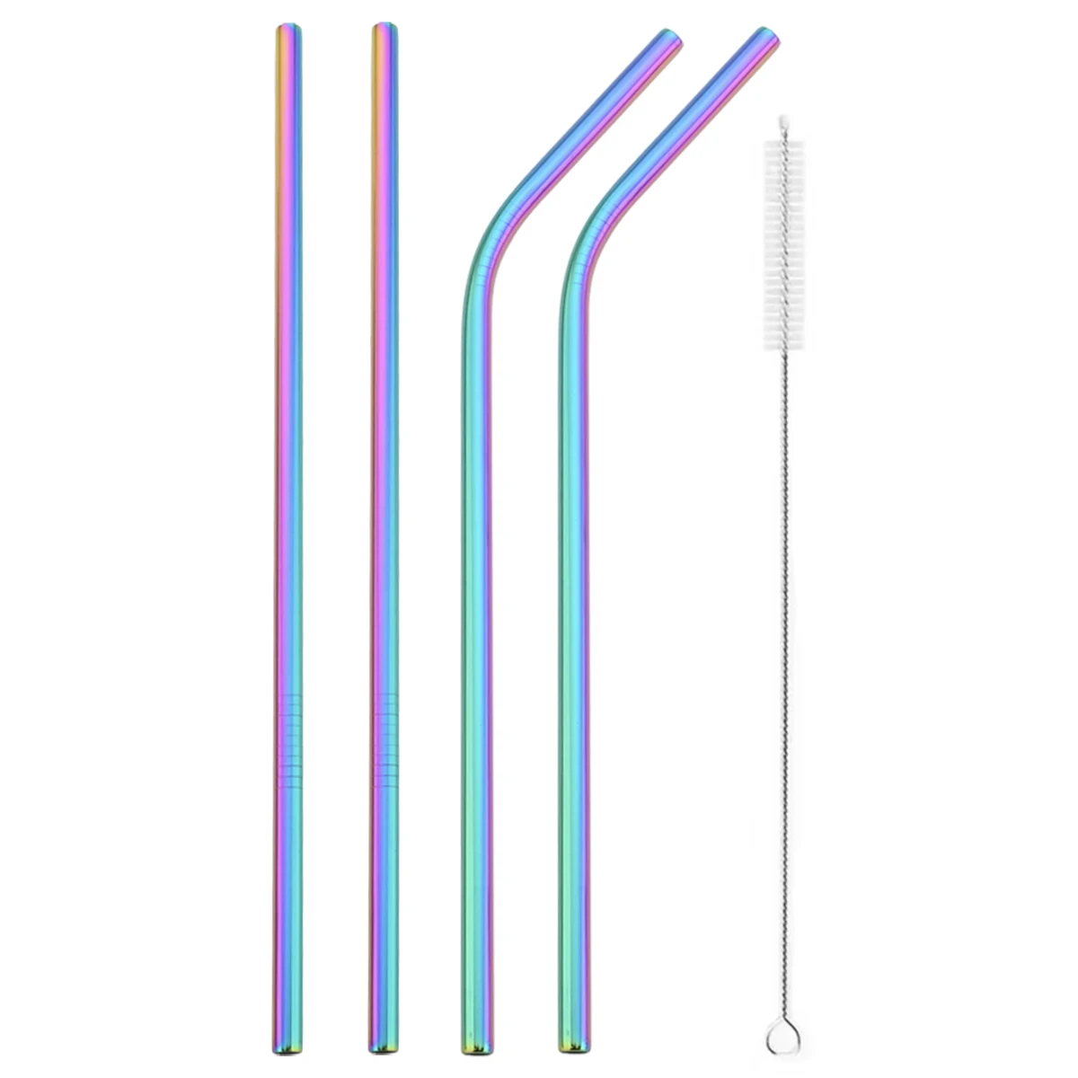 Eco-Friendly Reusable Silver Straw Set with Cleaning Brush, Stainless Steel Bent & Straight Straws