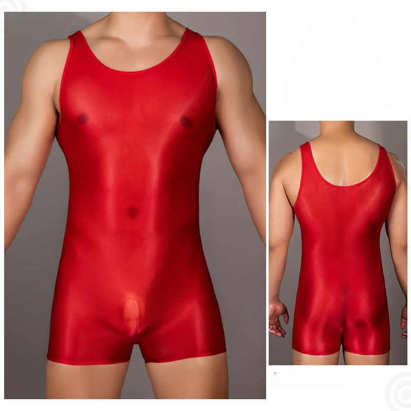 Men Sexy Transparent Bodysuit Oil Shiny Sheer Night Club Wear U Convex Pouch Boxers Seamless High Elastic Bikini Underwear