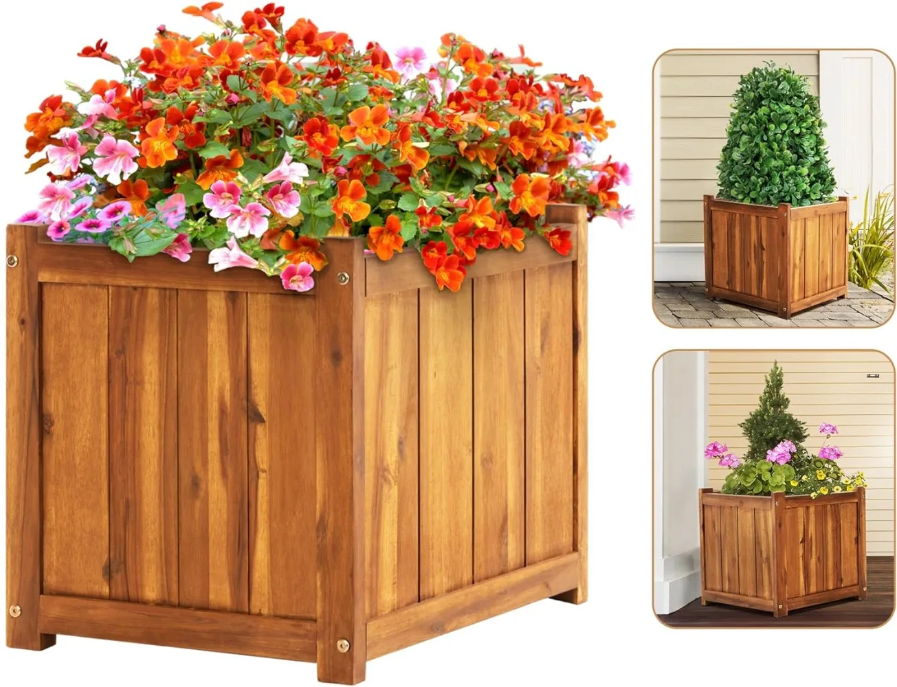 

Hardwood Outdoor Flower Box, Durable Acacia Wood Flower Boxes for Outdoor Plants with Ergonomic Handles, Drainage Holes