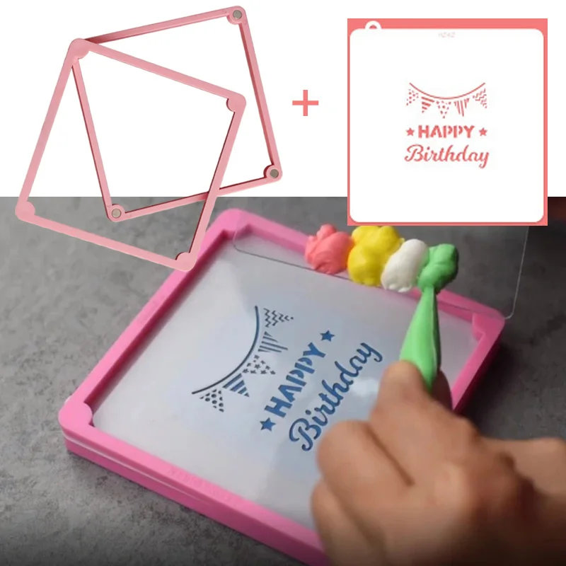 Fondant Icing Cookie Stencil Fixing Frames Happy Birthday Sugar Cookies Baking Magnetic Biscuit Stencil Holder