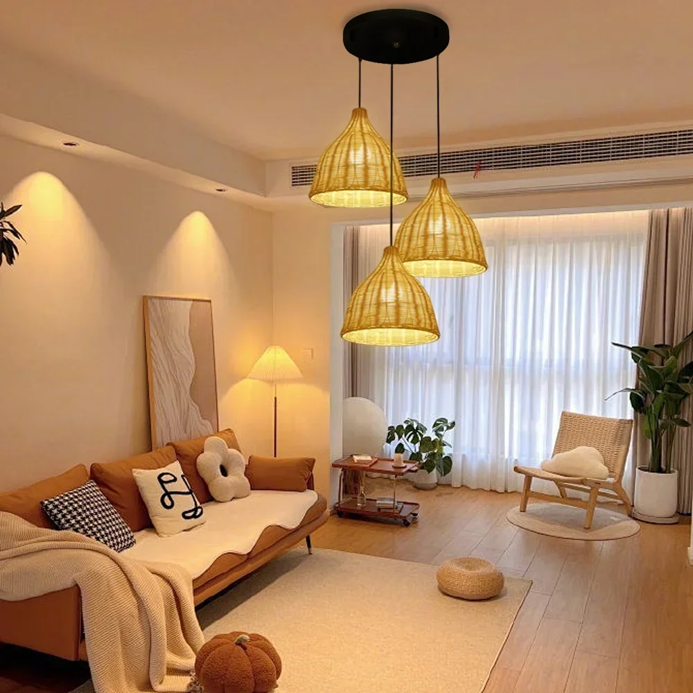 Modern Natural Materials Rattan Lamp Basket Light Fixture Home Decor Chandelier Pendant Lights for Farmhouse